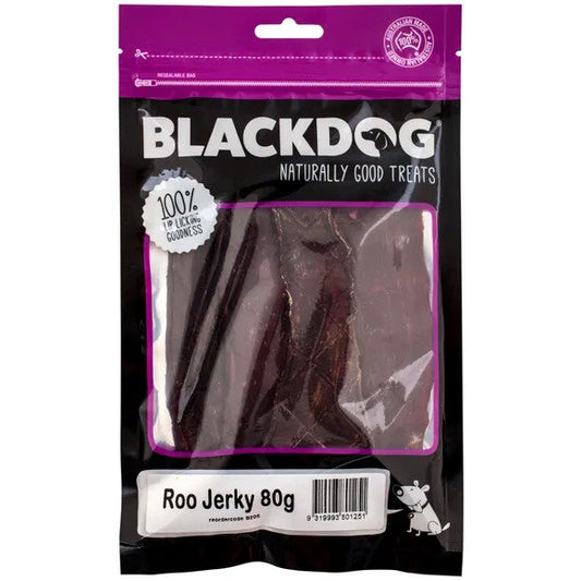 Package of Blackdog Roo Jerky dog treats weighing 80g.