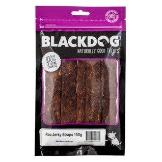 Blackdog brand kangaroo dog treats, Roo Jerky Straps, in packaging.