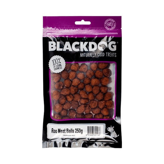 Packaged Blackdog kangaroo meat balls dog treats, 250-gram bag.
