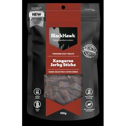 BlackHawk Premium Dog Treats, Kangaroo Jerky Sticks, 100g package.