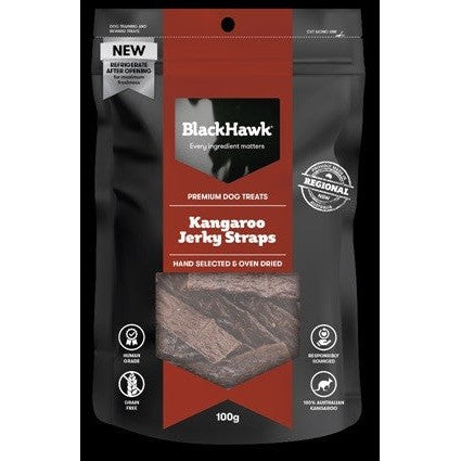 BlackHawk kangaroo jerky strips dog treats in a black package.