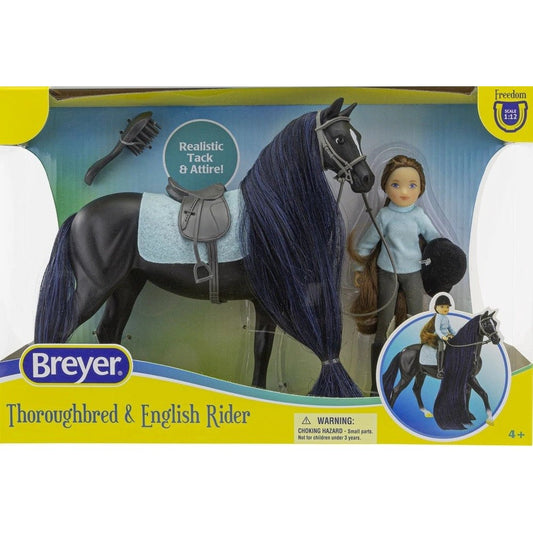 Breyer Horse Toys Thoroughbred and English rider set in packaging.