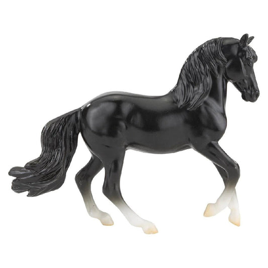 Alt text: Breyer Horse Toys black model with white hooves on white background.