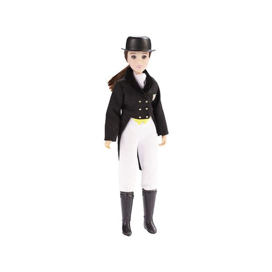 Breyer Horse Toys doll dressed in equestrian show attire, isolated on white.