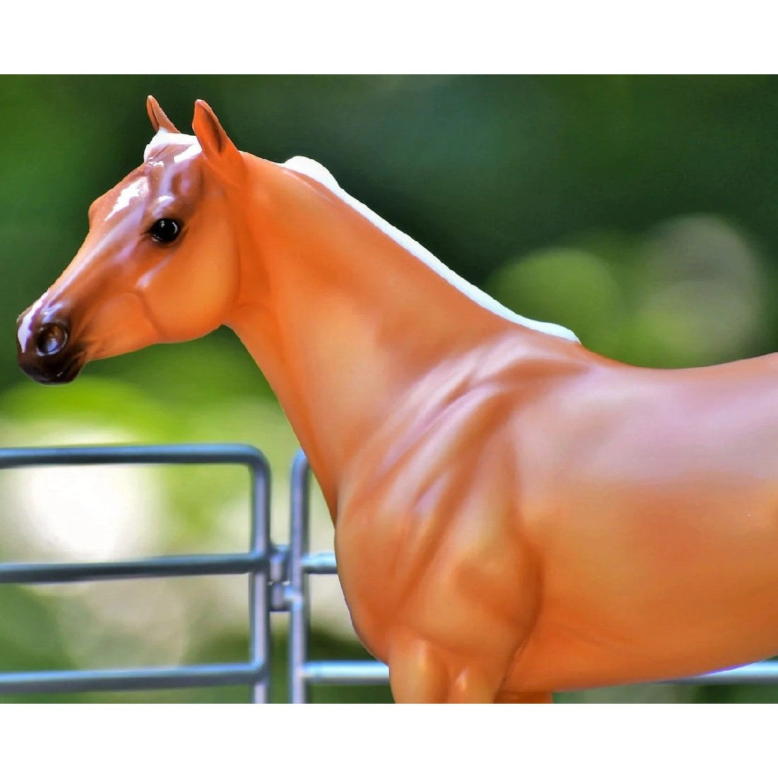 An Anna Scarpati toy horse model against a blurred green background.