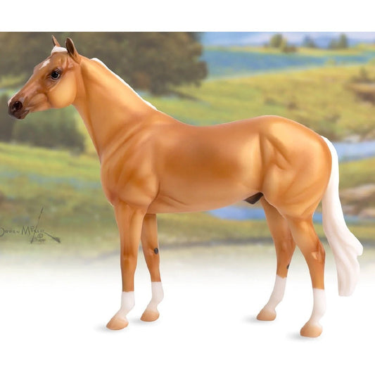 Alt-text: "Anna Scarpati branded model horse on scenic background display."