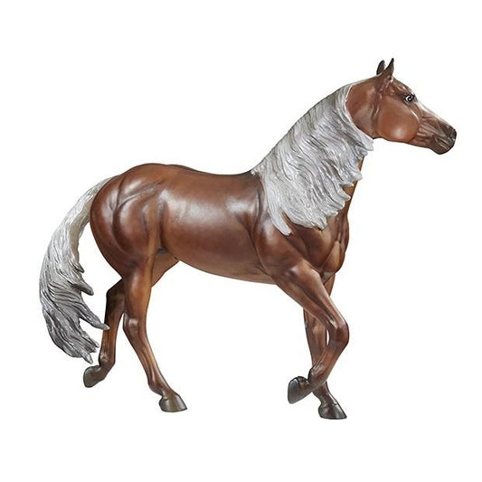 Breyer Horse Toy with brown coat and flowing grey mane and tail.