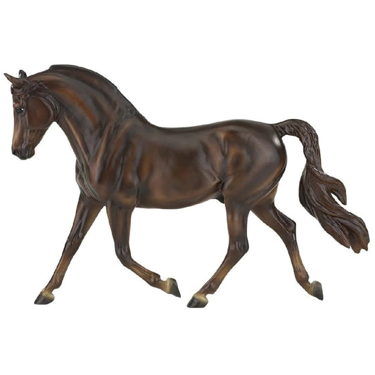 Breyer Horse Toys, realistic brown horse figurine, isolated on white.