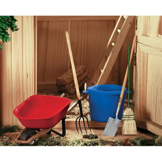 Breyer Horse Toys barn accessories including wheelbarrow, pitchfork, and bucket.
