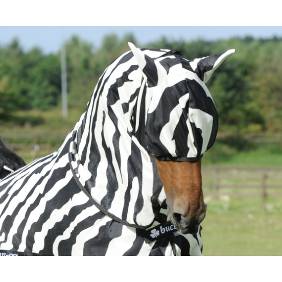 Fly veil for horses with zebra stripe pattern design.