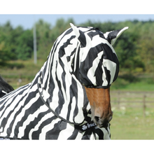 Fly veil for horses with zebra stripe pattern design.
