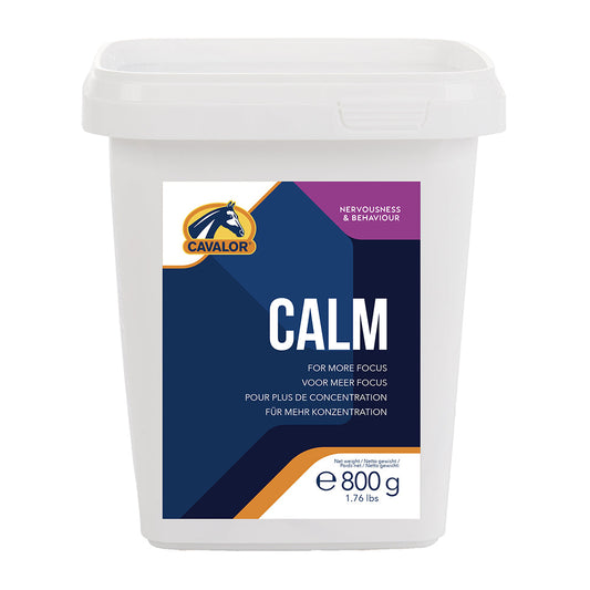 Cavalor Equicare Calm supplement container for horse nervousness and behavior.