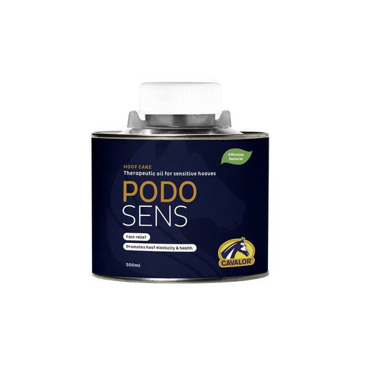 A 500ml can of PODOSENS hoof care oil for sensitive hooves with a label that advertises fast relief and improved hoof elasticity and health.