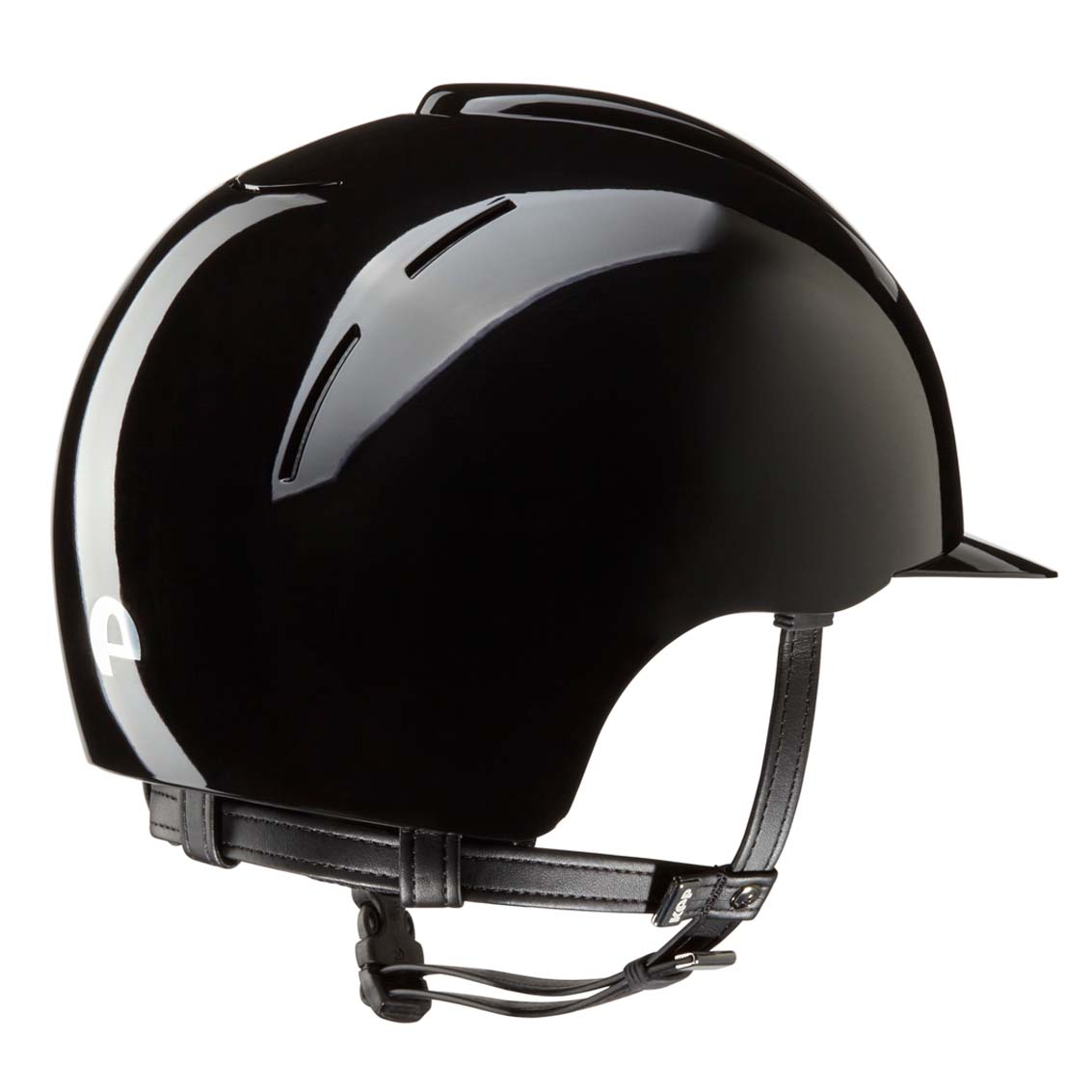 KEP brand black equestrian helmet, sleek design with chinstrap.