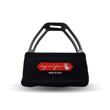 Black stirrup leather bag with logo, metal handle, on white background.