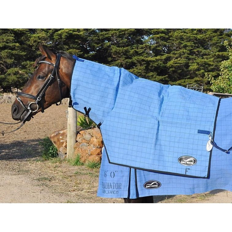 Brown horse outfitted with blue checkered Eurohunter horse rug.