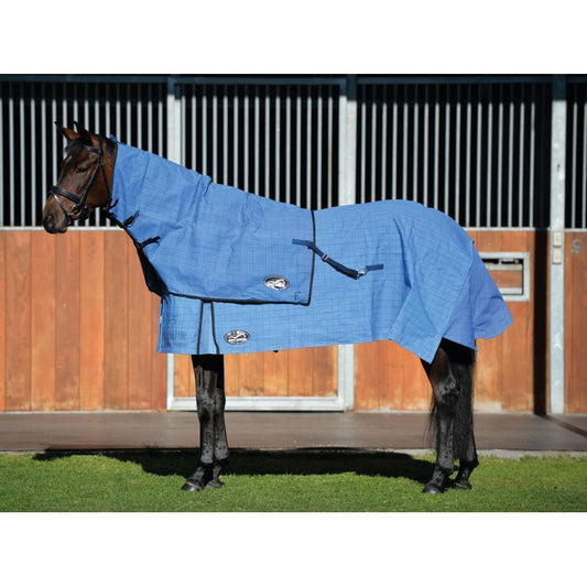 A horse donning a blue Eurohunter horse rug standing outside.