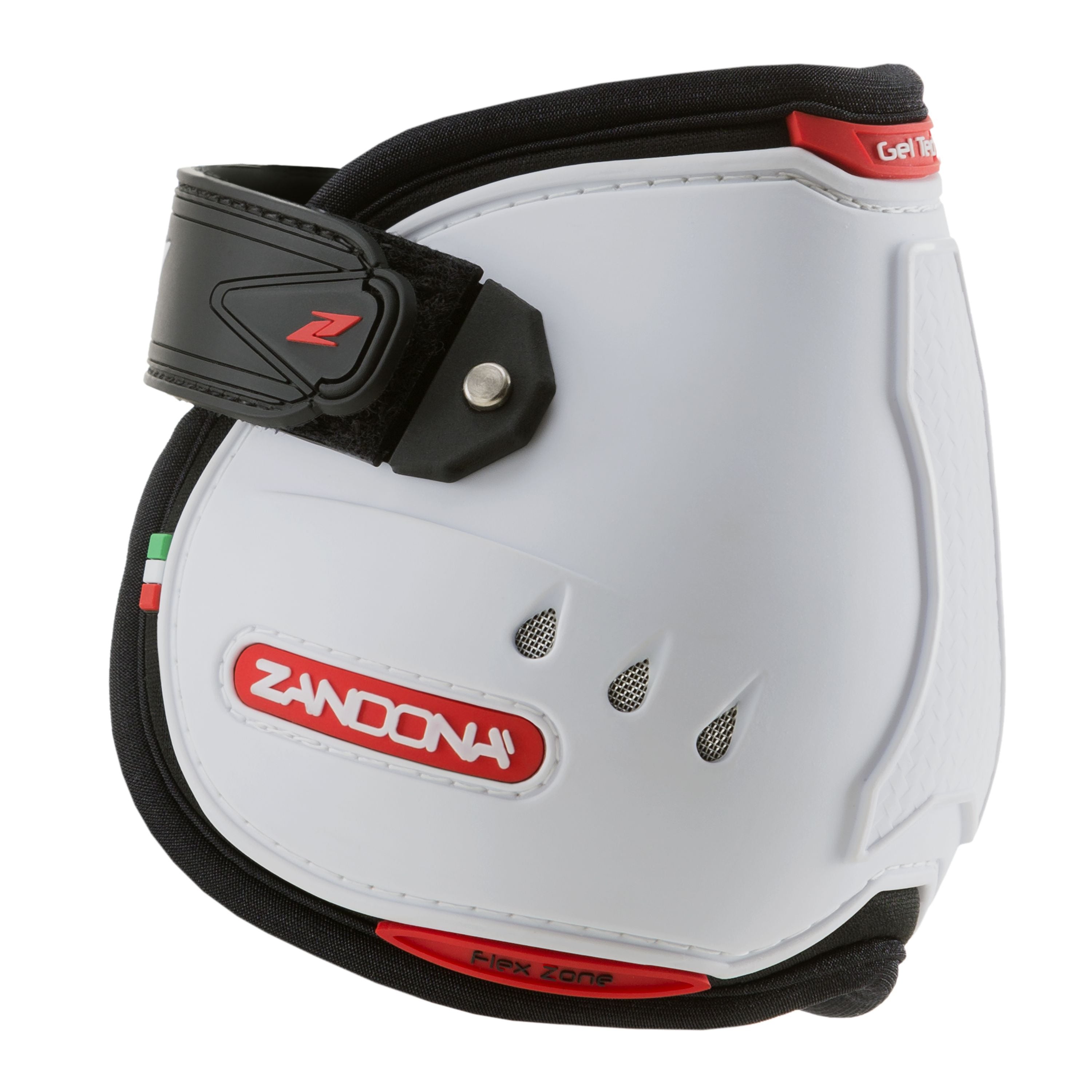 Zandona horse boots, white with black straps, red accents, isolated.