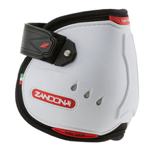 Zandona horse boots, white with black straps, red accents, isolated.