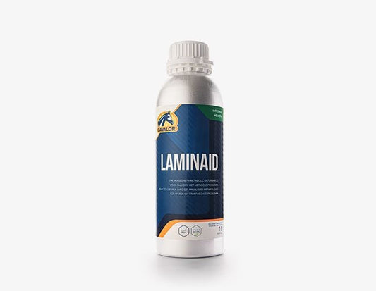 A bottle of Cavalor LaminAid supplement for horses on a white background.