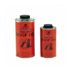 Two red containers of Carr & Day & Martin hoof oil for horses, in different sizes, against a white background.