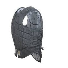 Black horse riding safety vest with padded design, standing unattended.