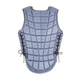 Gray horse riding safety vest with adjustable lacing on sides.