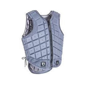 Gray padded horse riding safety vest isolated on white background.