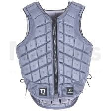 Gray horse riding safety vest with padding and front zipper.