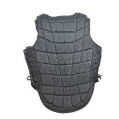 Black horse riding safety vest with padded protective panels, side straps.