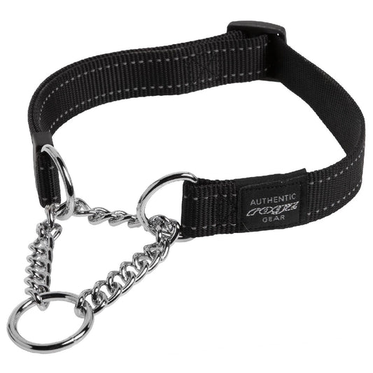 Black Rogz dog collar with metal chain and rings.