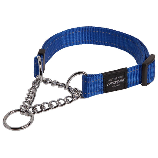 Blue Rogz dog collar with metal chain and clasp.
