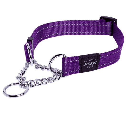 Rogz brand purple dog collar with chain and ring.