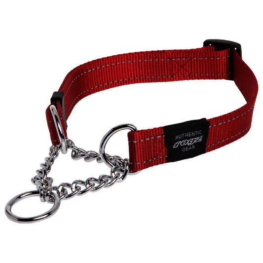 Rogz red dog collar with metal chain and black buckle.