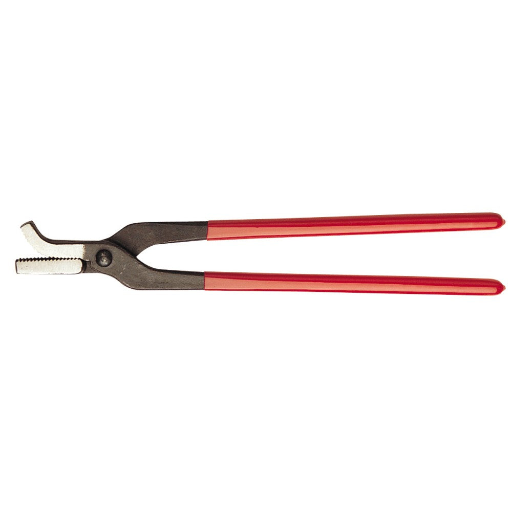 Long-handled pliers with red grips isolated on a white background.