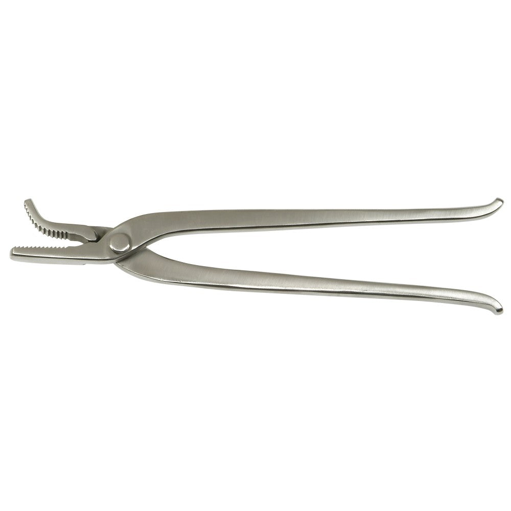 Stainless steel surgical forceps on a white background.