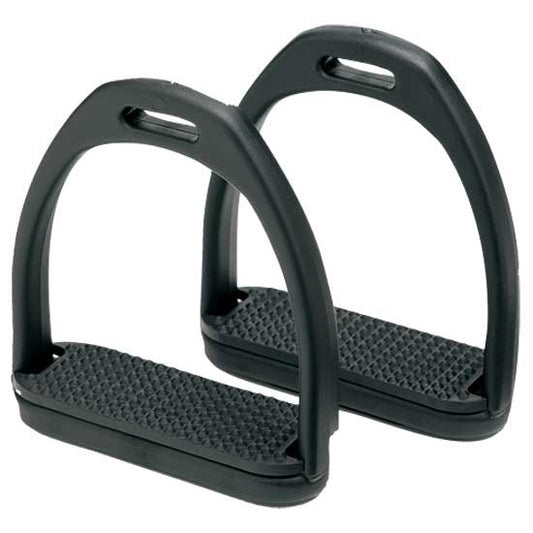 Pair of black plastic stirrup leathers for horse riding equipment.