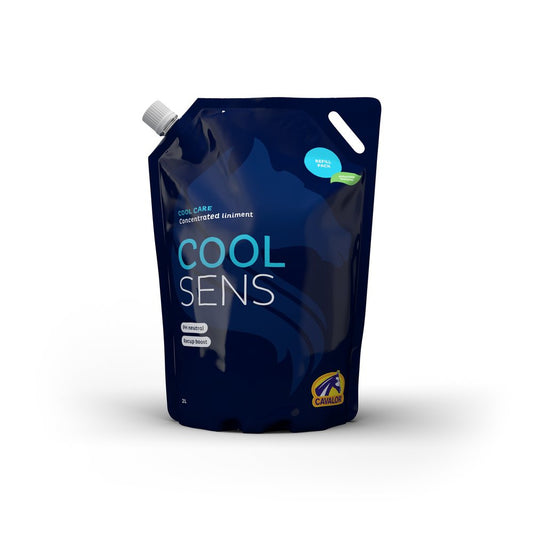 Cavalor Equicare Cool Sens concentrated liniment in flexible blue pouch.