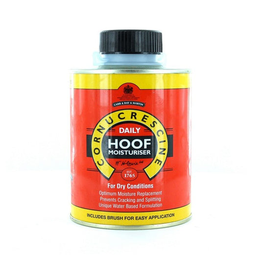 A container of Cornucrescine Daily Hoof Moisturizer for horses on a white background, highlighting it prevents cracking and splitting with an included application brush.
