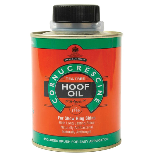 A tin of Cornucrescine Tea Tree Hoof Oil with a black cap, labeled for show ring shine and antifungal properties, includes an application brush.