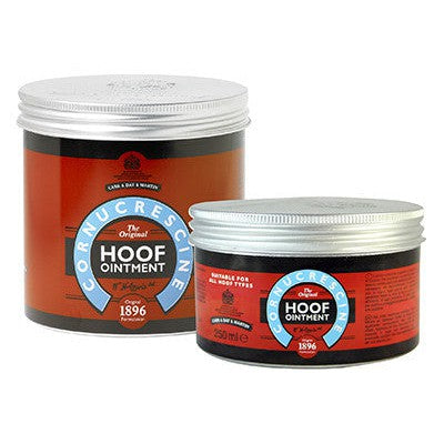 Two containers of hoof ointment for horse hoof care, one larger with a red label and one smaller with a blue label.