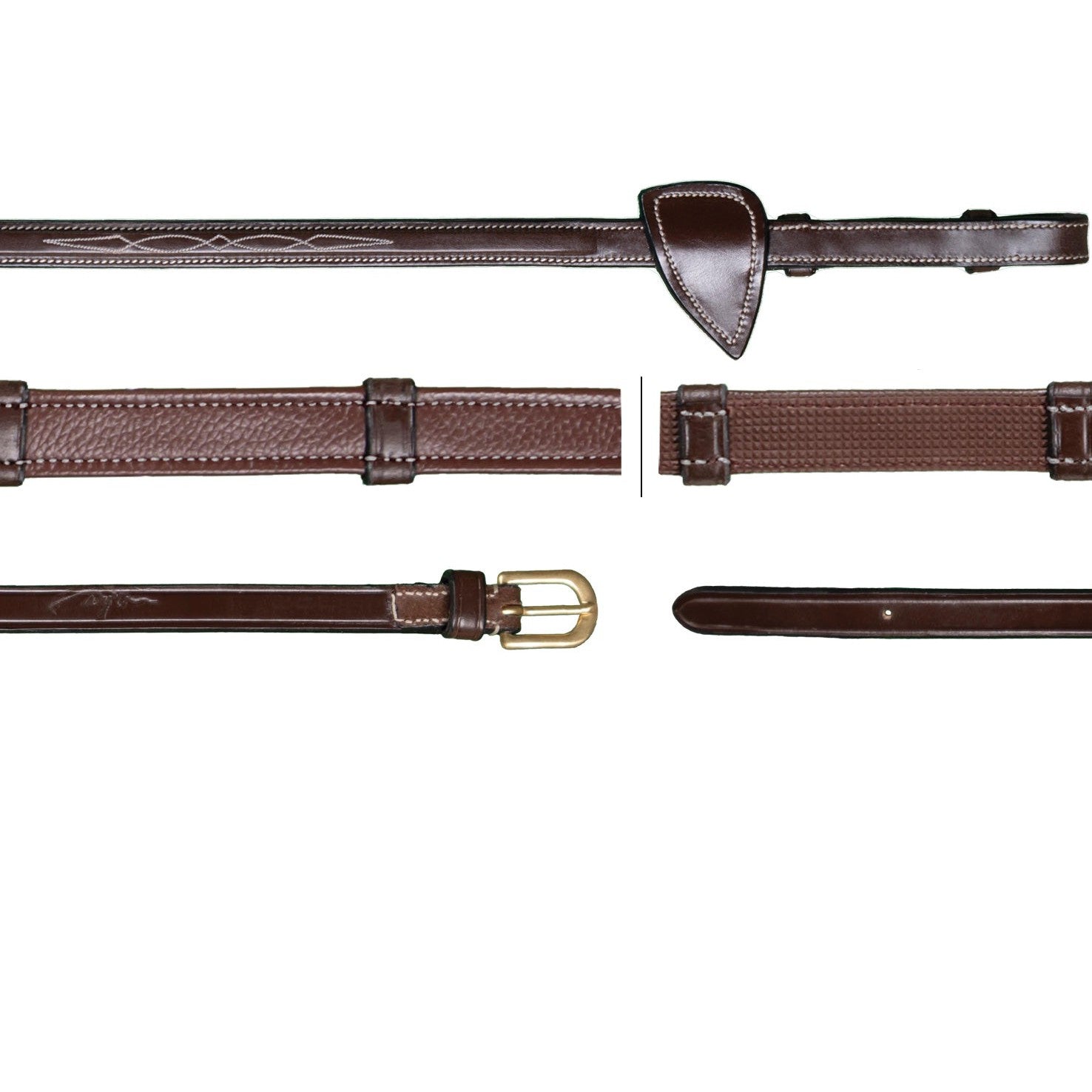 Brown leather horse riding reins with a brass buckle detail.