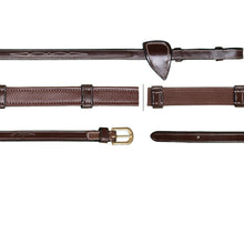 Brown leather horse riding reins with a brass buckle detail.