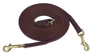 Brown horse riding reins with brass clips, neatly coiled.