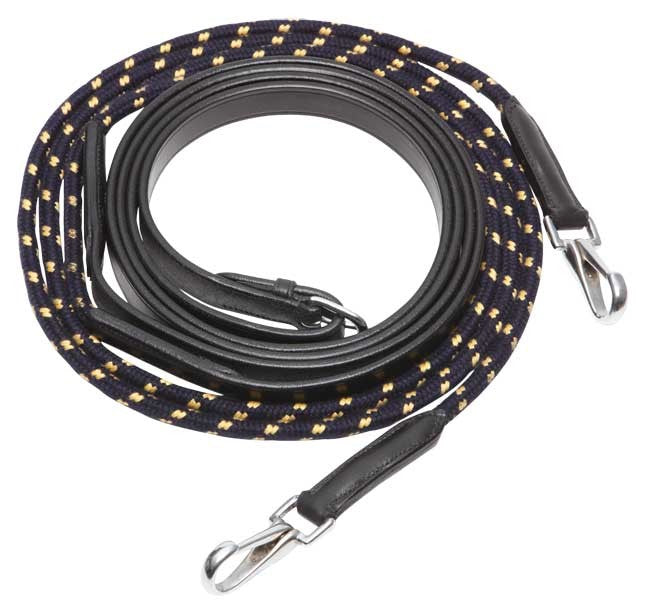 Coiled horse riding reins, black rope with yellow accents.