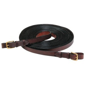 Brown leather horse riding reins with gold-colored buckle fastenings.