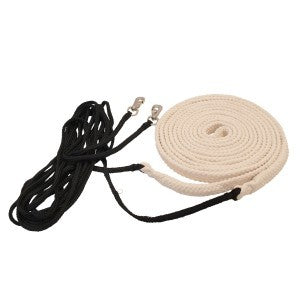 Black and white coiled horse riding reins with metal clips.