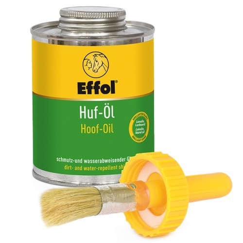 A can of Effol Hoof-Oil with a yellow and green label next to a brush with a yellow handle and cap, against a white background.