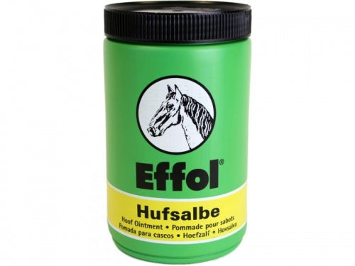 Green container of Effol Hufsalbe hoof ointment with horse head logo, multilingual text, and black cap on a white background.