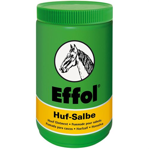 A green container of Effol hoof ointment labeled "Huf-Salbe" with a black and white horse head logo and multilingual product descriptions.
